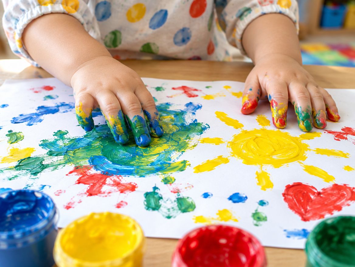 A toddler’s hands finger-painting in bright colours